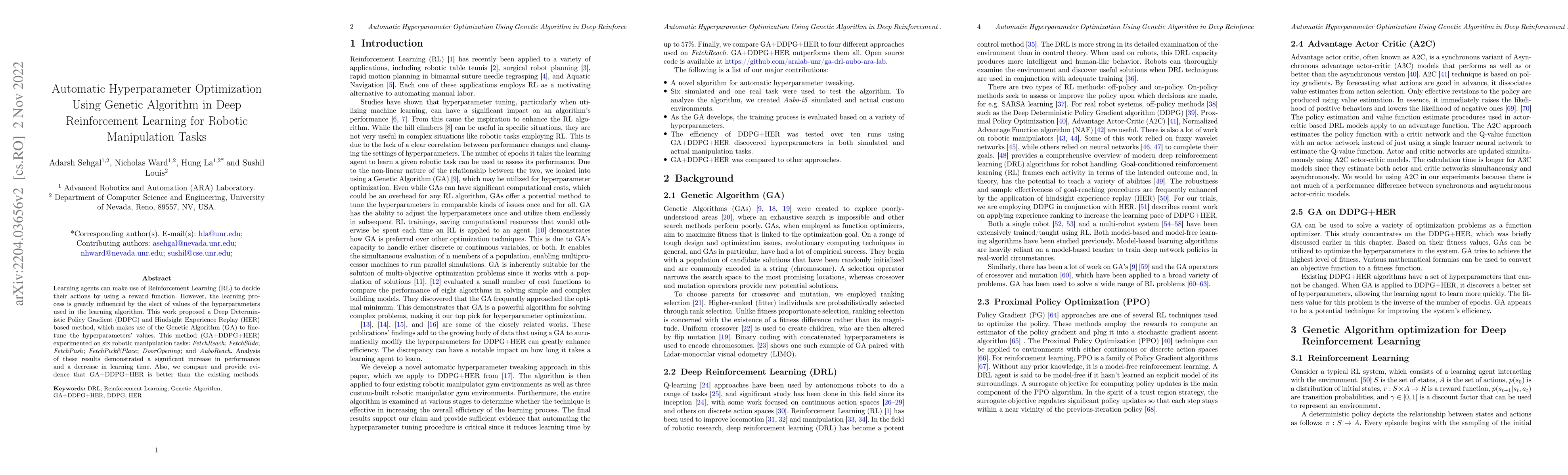Thumbnail for Automatic Parameter Optimization Using Genetic Algorithm in Deep
  Reinforcement Learning for Robotic Manipulation Tasks