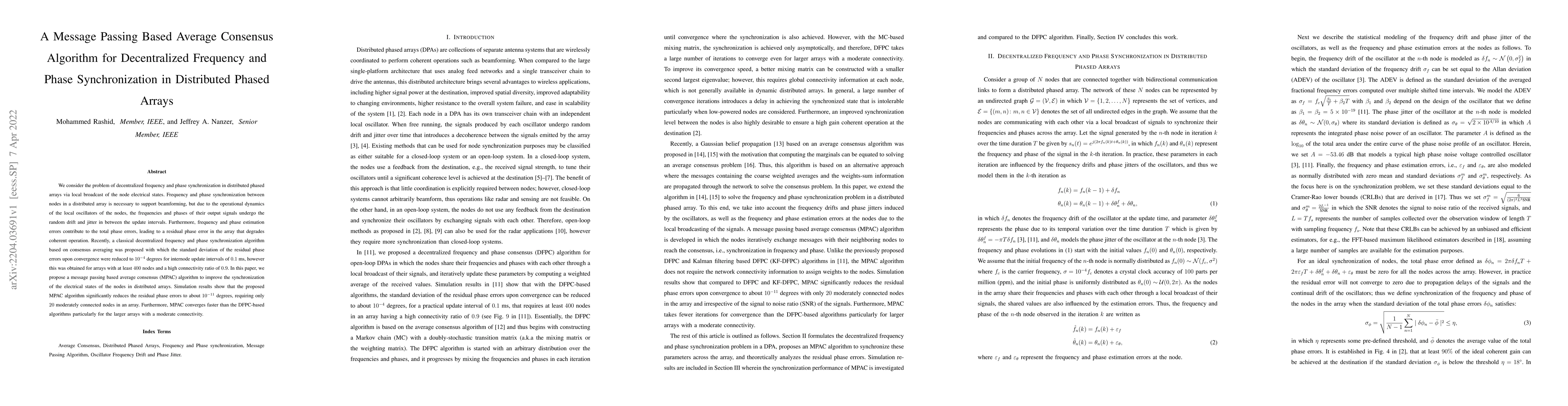 Thumbnail for A Message Passing Based Average Consensus Algorithm for Decentralized
  Frequency and Phase Synchronization in Distributed Phased Arrays