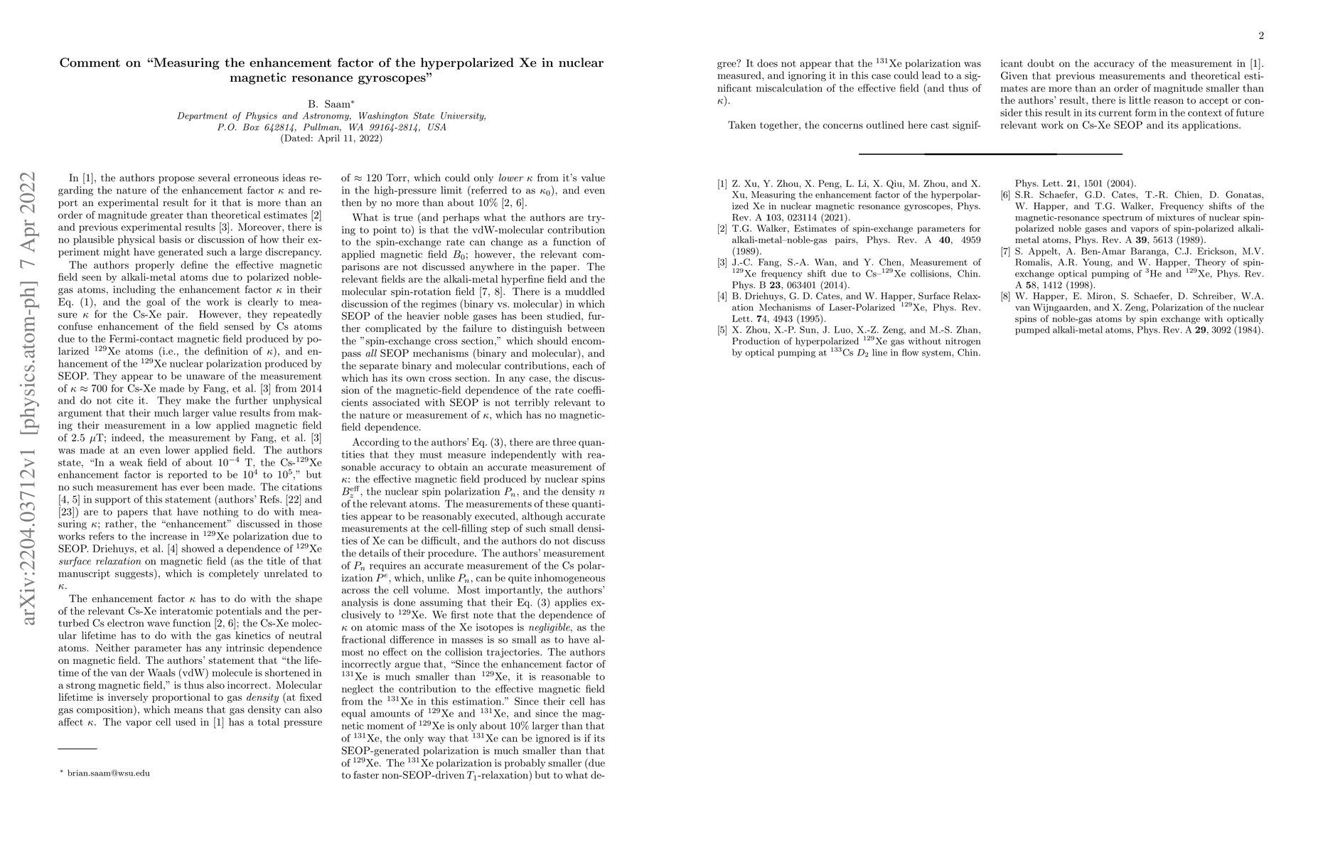 Thumbnail for Comment on "Measuring the enhancement factor of the hyperpolarized Xe in
  nuclear magnetic resonance gyroscopes"