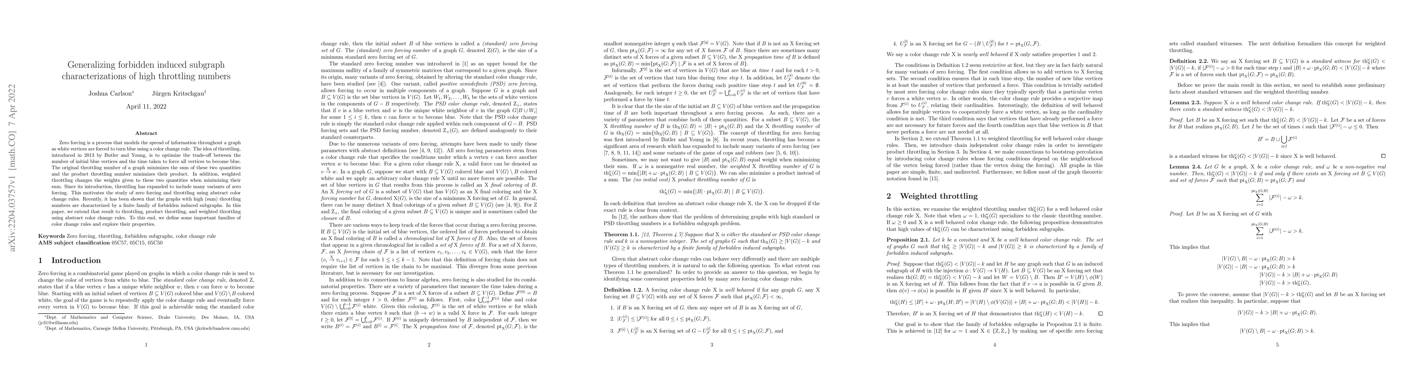 Thumbnail for Generalizing forbidden induced subgraph characterizations of high
  throttling numbers