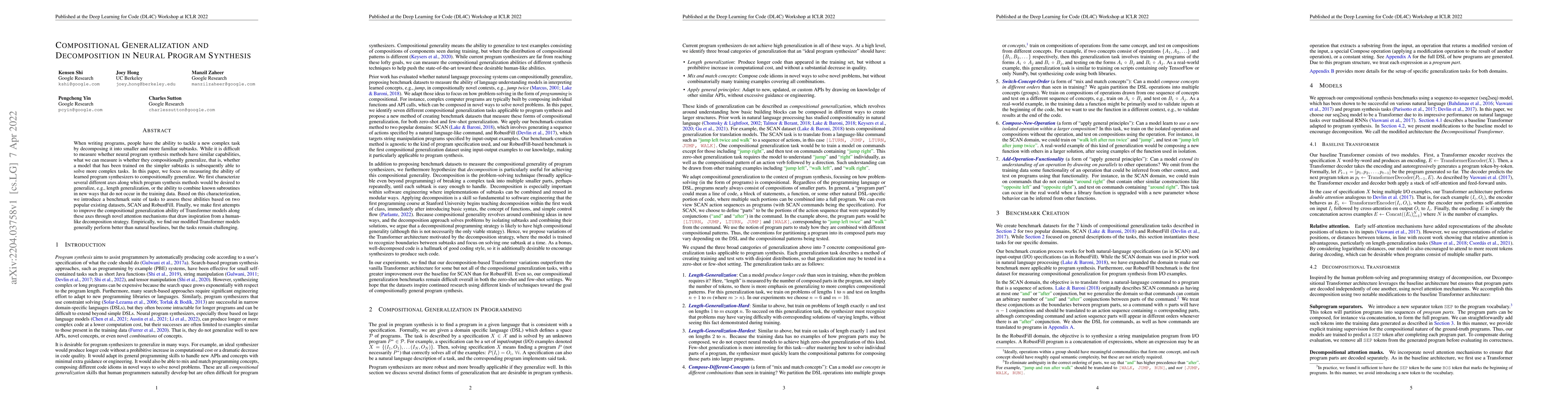 Thumbnail for Compositional Generalization and Decomposition in Neural Program
  Synthesis