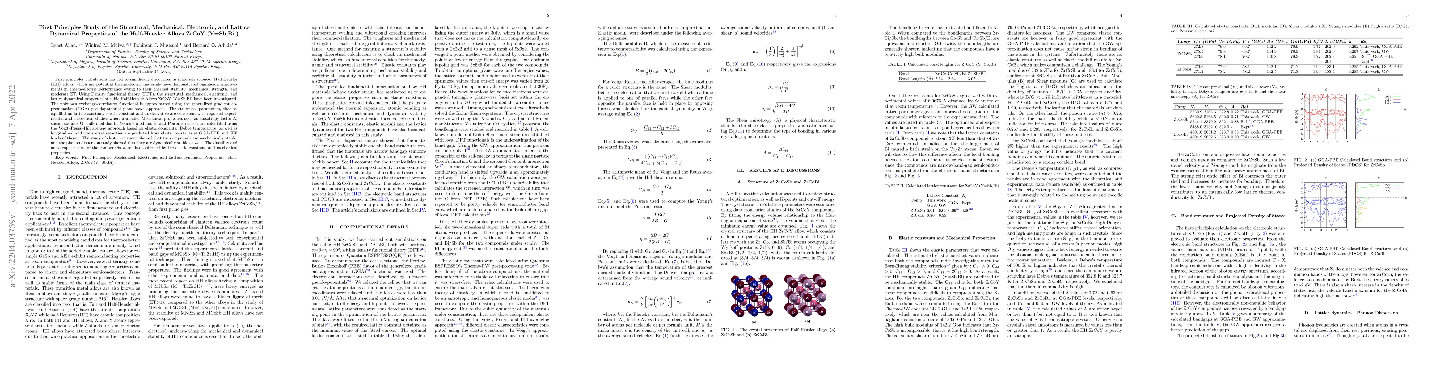 Thumbnail for First Principles Study of the Structural, Mechanical, Electronic, and
  Lattice Dynamical Properties of the Half-Heusler Alloys ZrCoY (Y=Sb, Bi )