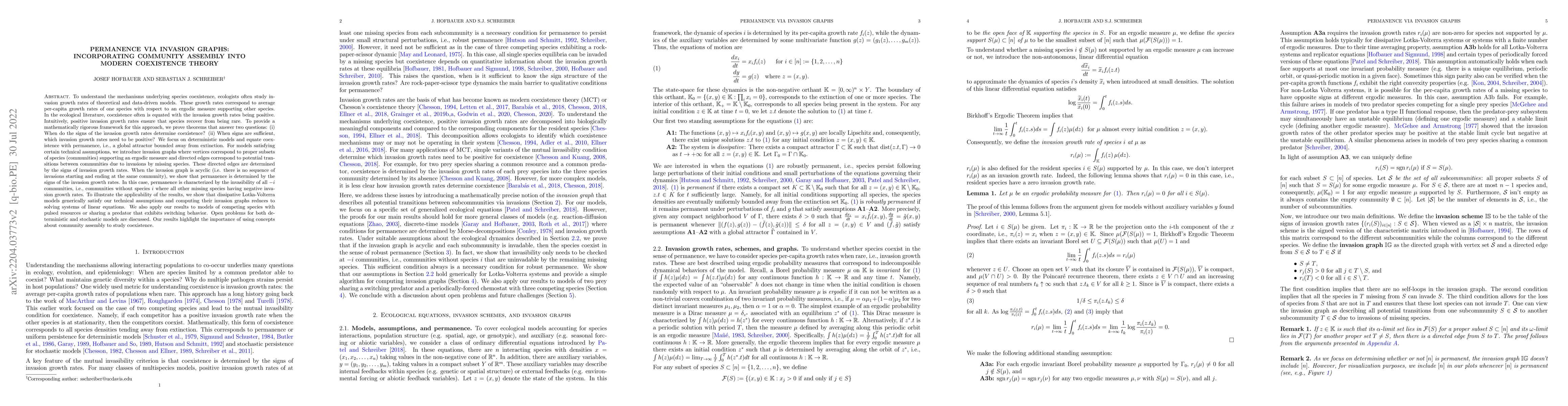 Thumbnail for Permanence via invasion graphs: Incorporating community assembly into
  Modern Coexistence Theory