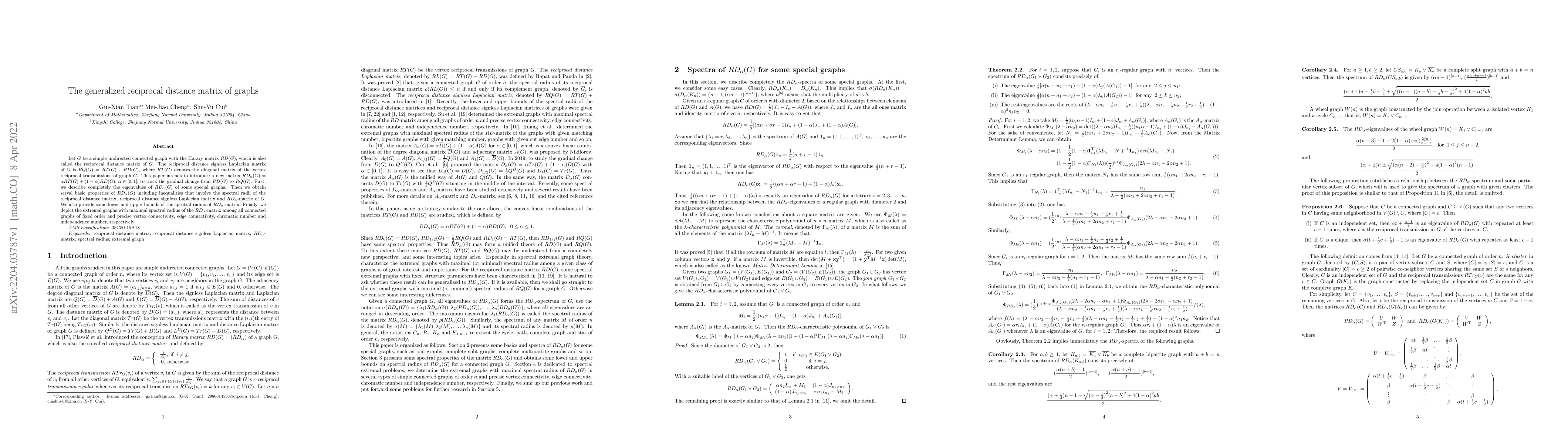 Thumbnail for The generalized reciprocal distance matrix of graphs