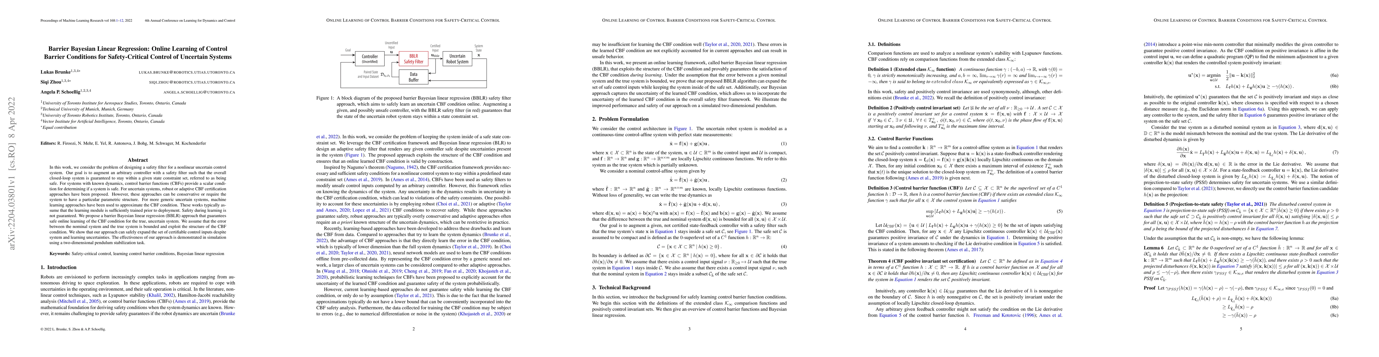 Thumbnail for Barrier Bayesian Linear Regression: Online Learning of Control Barrier
  Conditions for Safety-Critical Control of Uncertain Systems