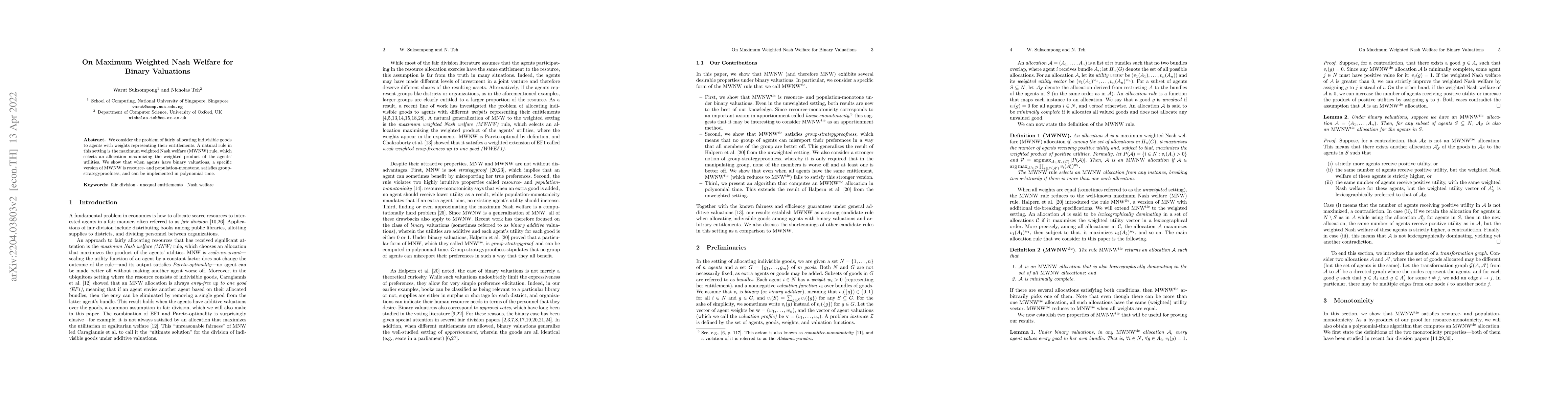 Thumbnail for On Maximum Weighted Nash Welfare for Binary Valuations