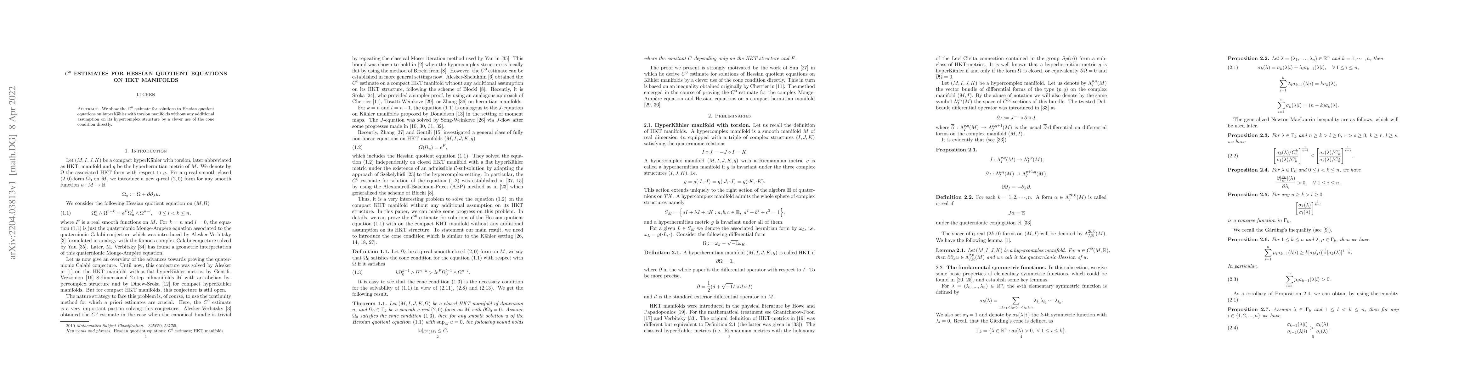 Thumbnail for C^0 estimates for Hessian quotient equations on HKT manifolds