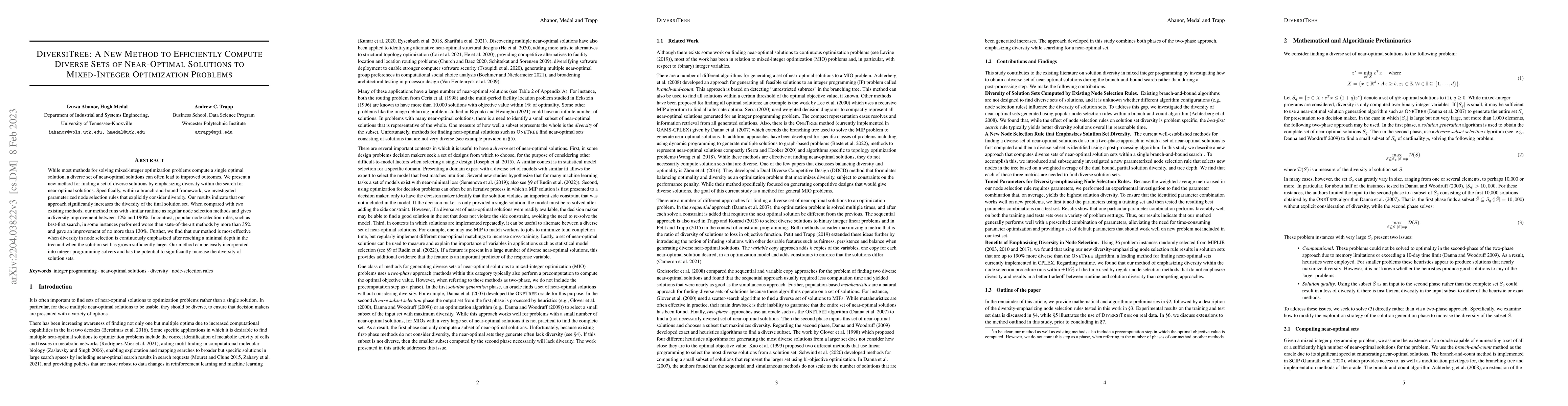 Thumbnail for DiversiTree: A New Method to Efficiently Compute Diverse Sets of
  Near-Optimal Solutions to Mixed-Integer Optimization Problems