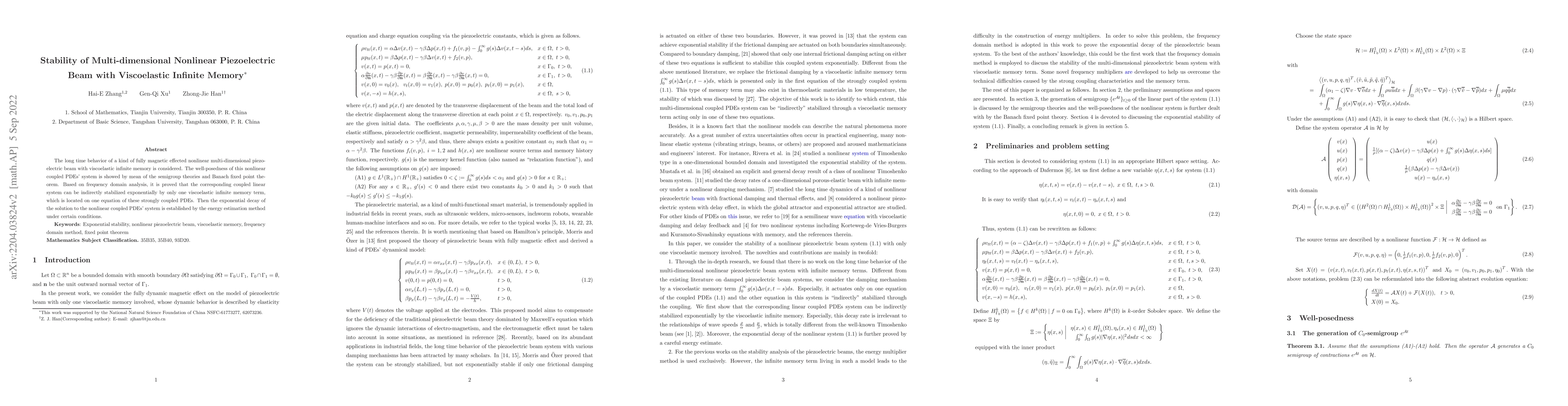 Thumbnail for Stability of Multi-dimensional Nonlinear Piezoelectric Beam with
  Viscoelastic Infinite Memory