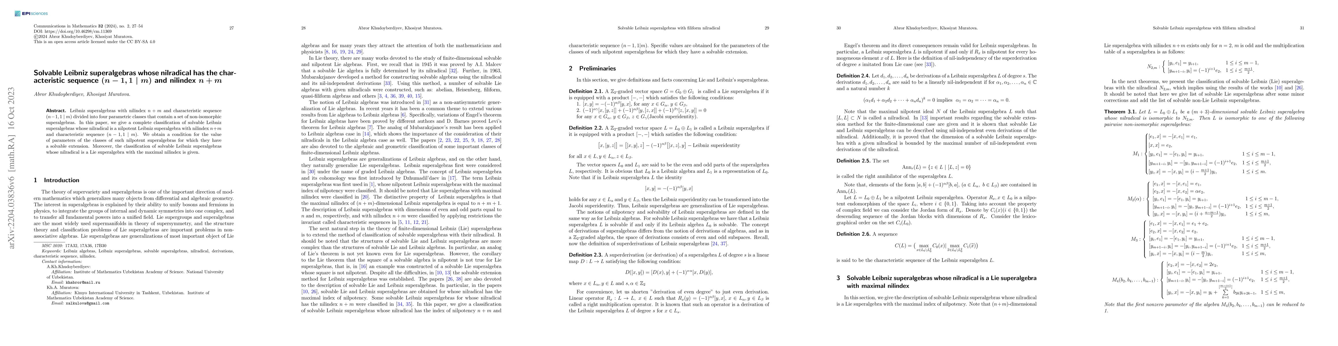 Thumbnail for Solvable Leibniz superalgebras whose nilradical has the characteristic
  sequence $(n-1, 1 \mid m)$ and nilindex $n+m$