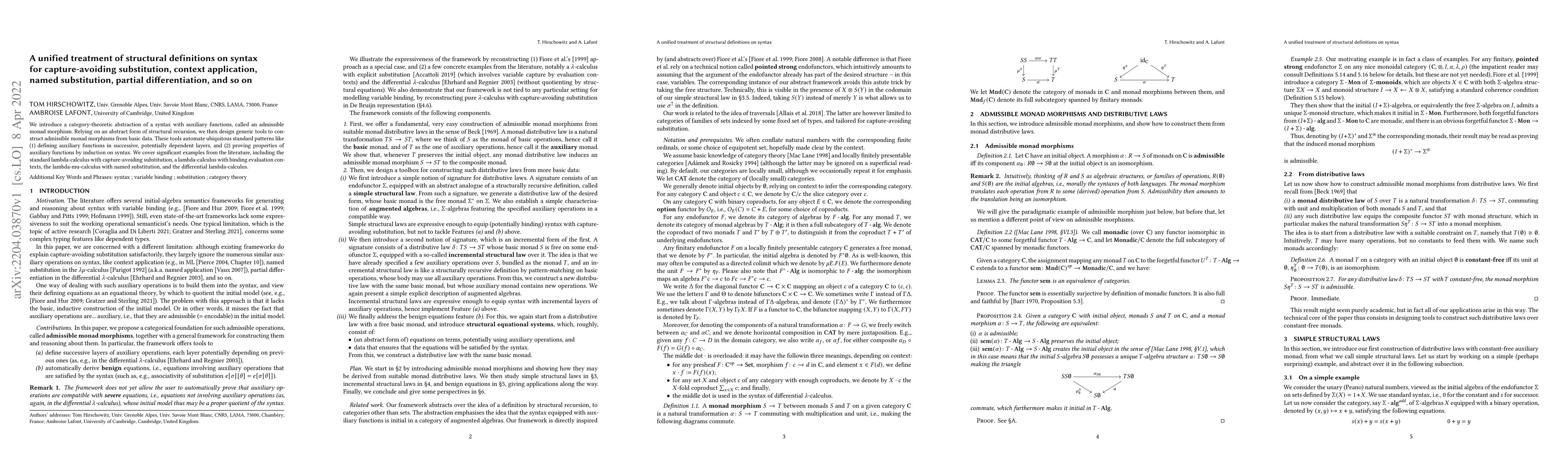 Thumbnail for A unified treatment of structural definitions on syntax for
  capture-avoiding substitution, context application, named substitution,
  partial differentiation, and so on