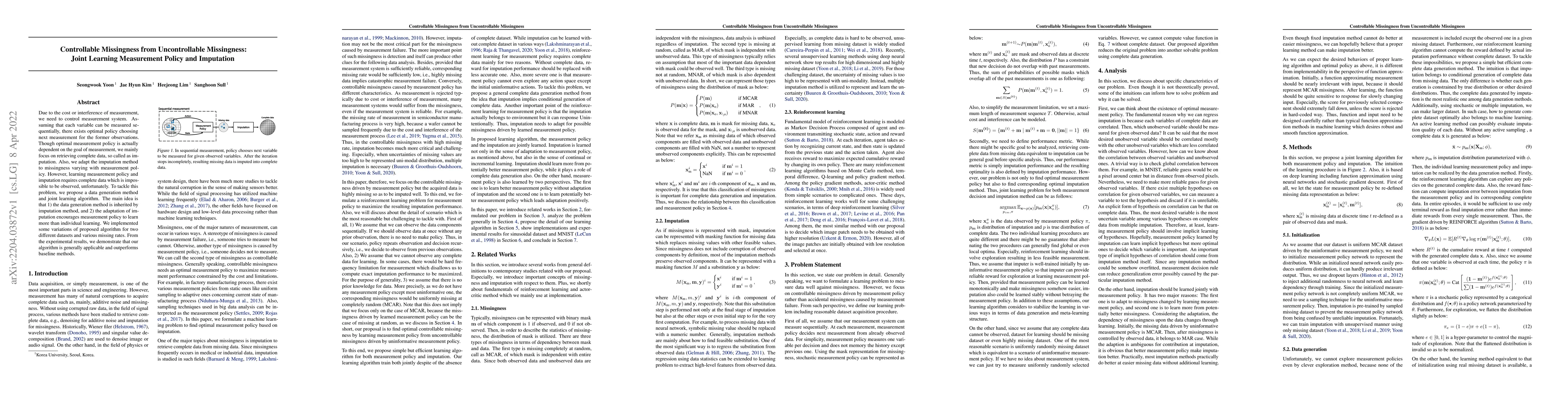 Thumbnail for Controllable Missingness from Uncontrollable Missingness: Joint Learning
  Measurement Policy and Imputation