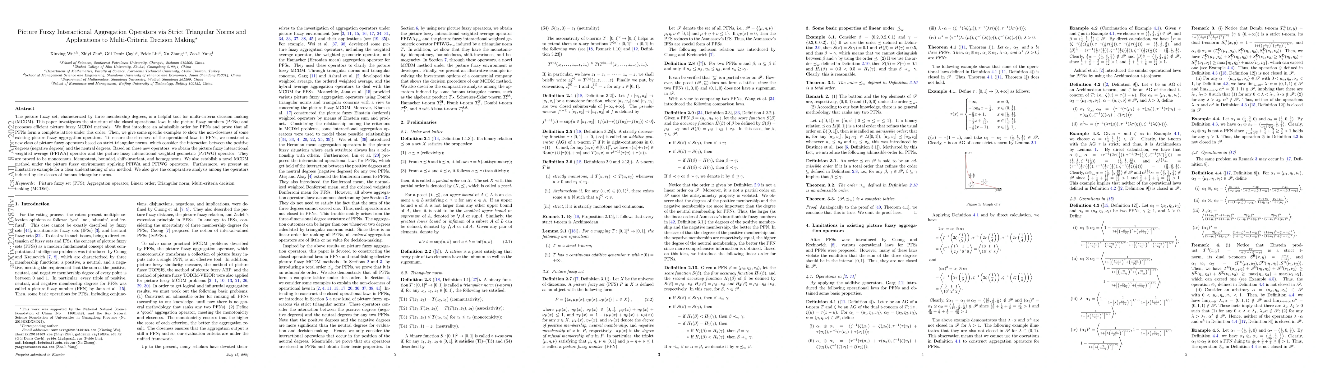Thumbnail for Picture Fuzzy Interactional Aggregation Operators via Strict Triangular
  Norms and Applications to Multi-Criteria Decision Making