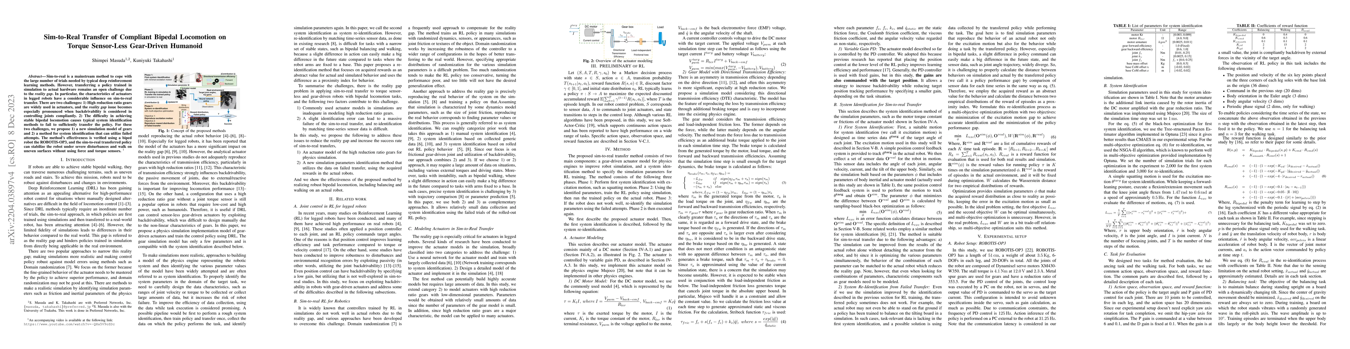 Thumbnail for Sim-to-Real Transfer of Compliant Bipedal Locomotion on Torque
  Sensor-Less Gear-Driven Humanoid