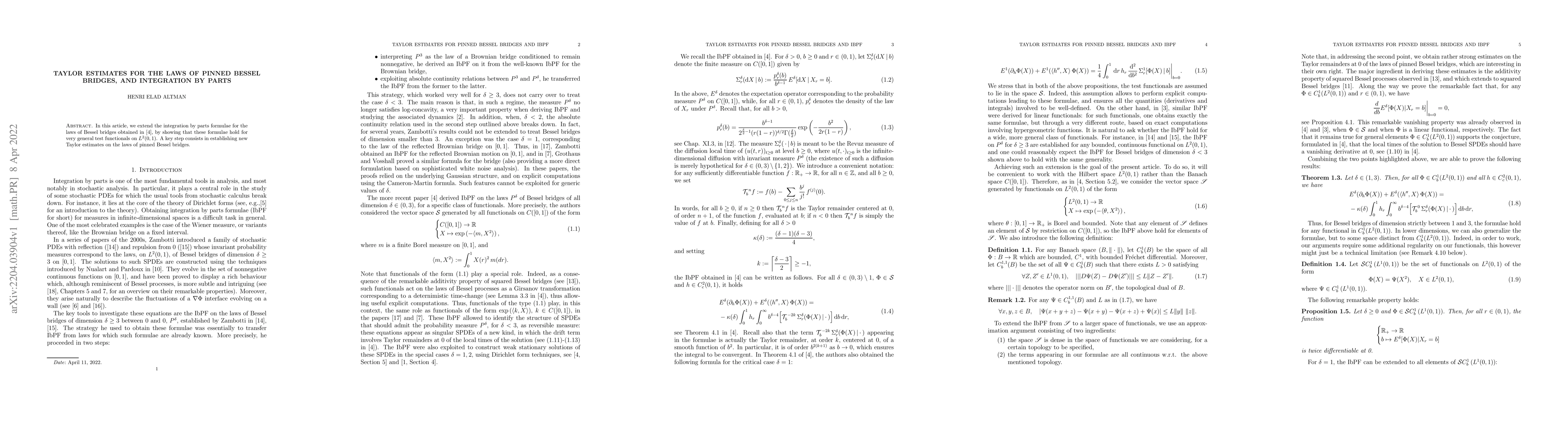 Thumbnail for Taylor Estimates for the laws of pinned Bessel bridges, and Integration
  by Parts