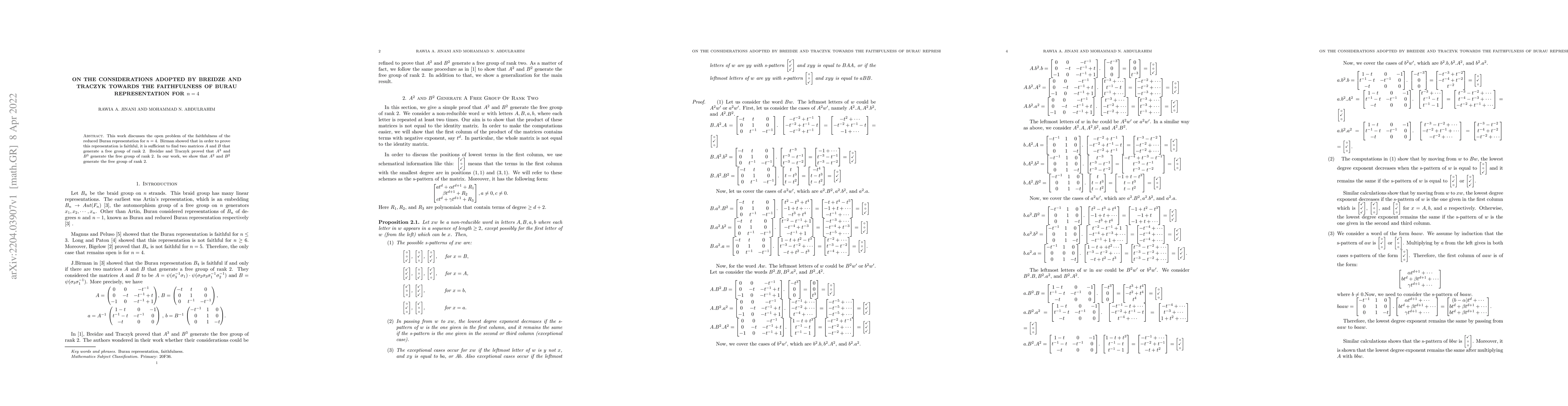 Thumbnail for On the considerations adopted by Breidze and Traczyk towards the
  faithfulness of Burau representation for $n=4$