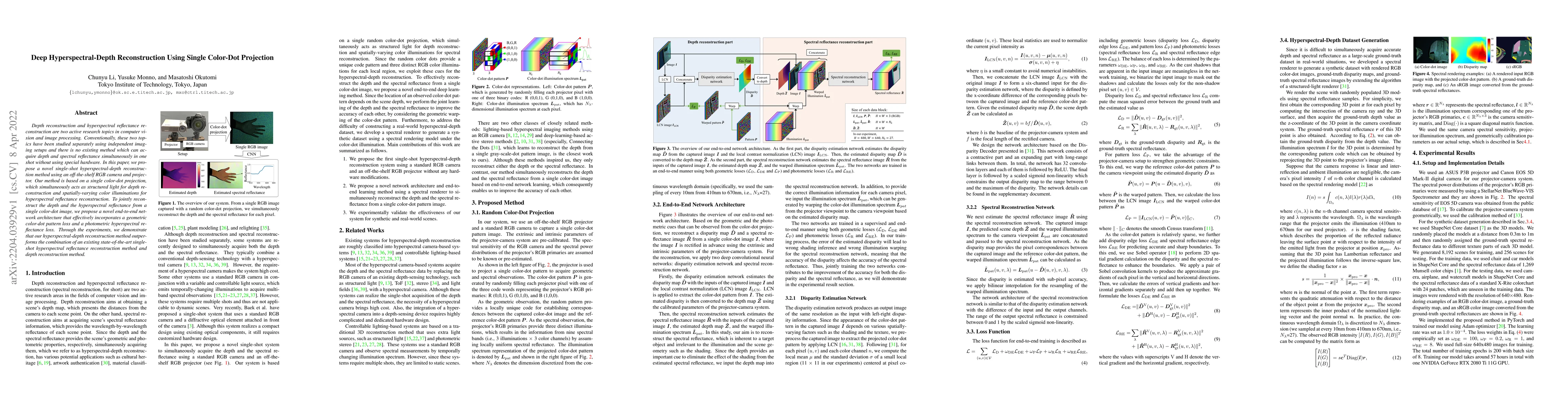 Thumbnail for Deep Hyperspectral-Depth Reconstruction Using Single Color-Dot
  Projection