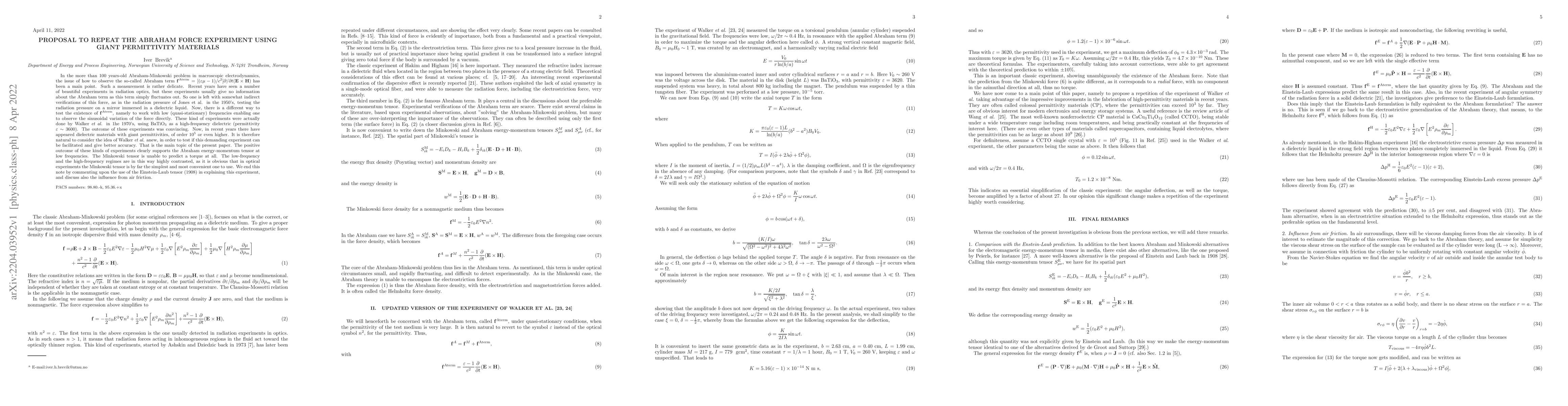 Thumbnail for Proposal to repeat the Abraham force experiment using giant permittivity
  materials