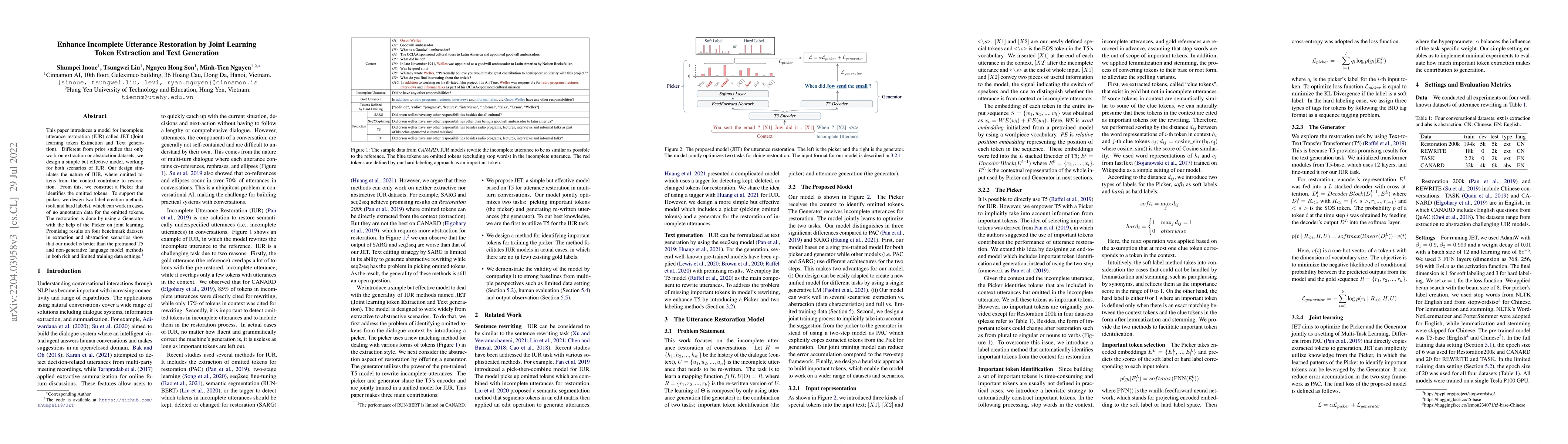 Thumbnail for Enhance Incomplete Utterance Restoration by Joint Learning Token
  Extraction and Text Generation