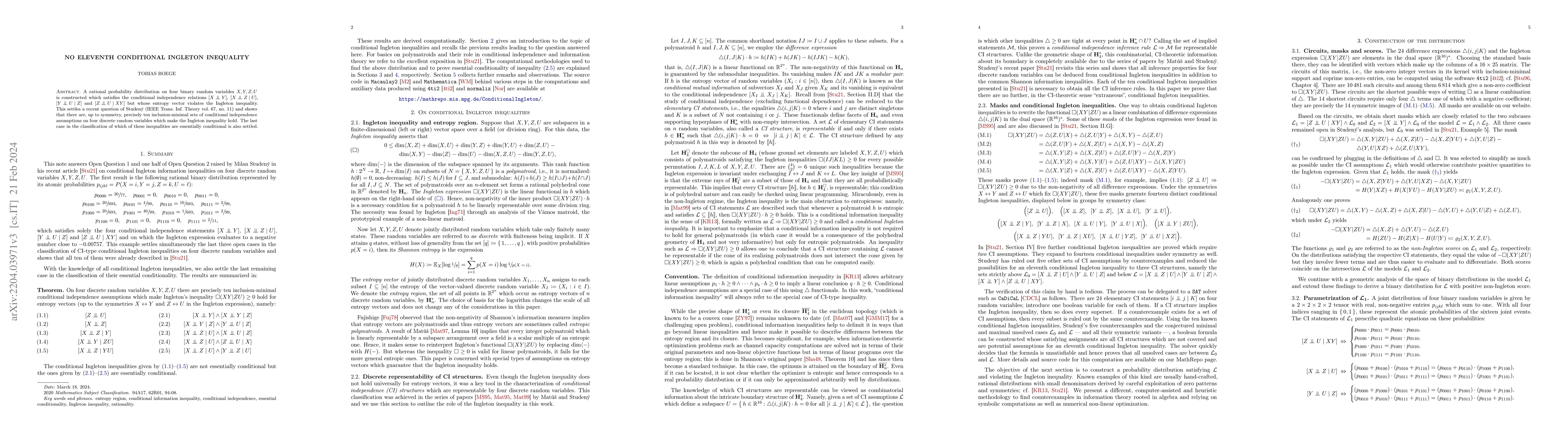 Thumbnail for No eleventh conditional Ingleton inequality