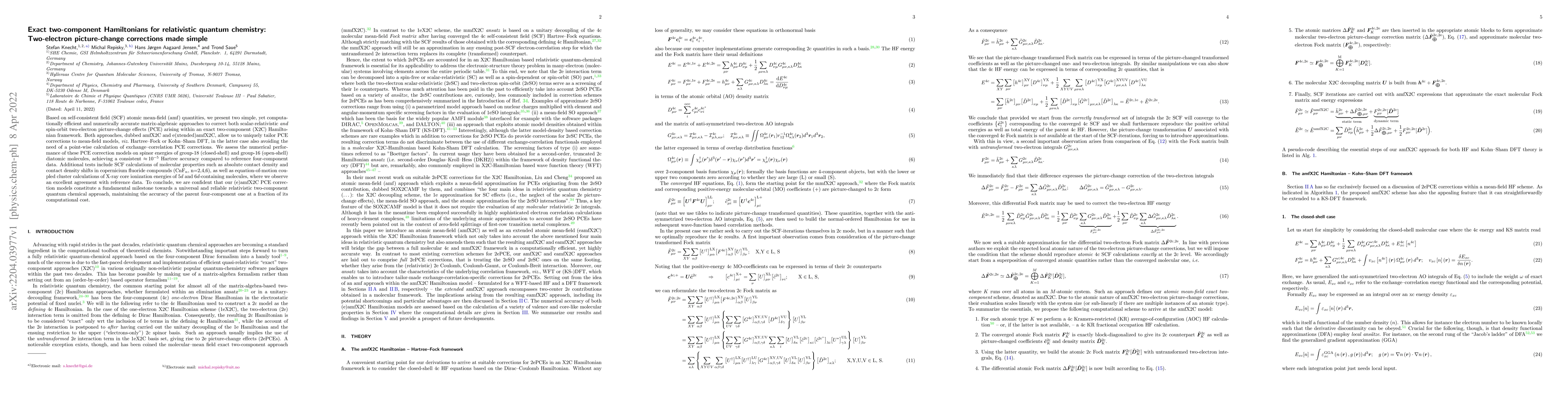 Thumbnail for Exact two-component Hamiltonians for relativistic quantum chemistry:
  Two-electron picture-change corrections made simple