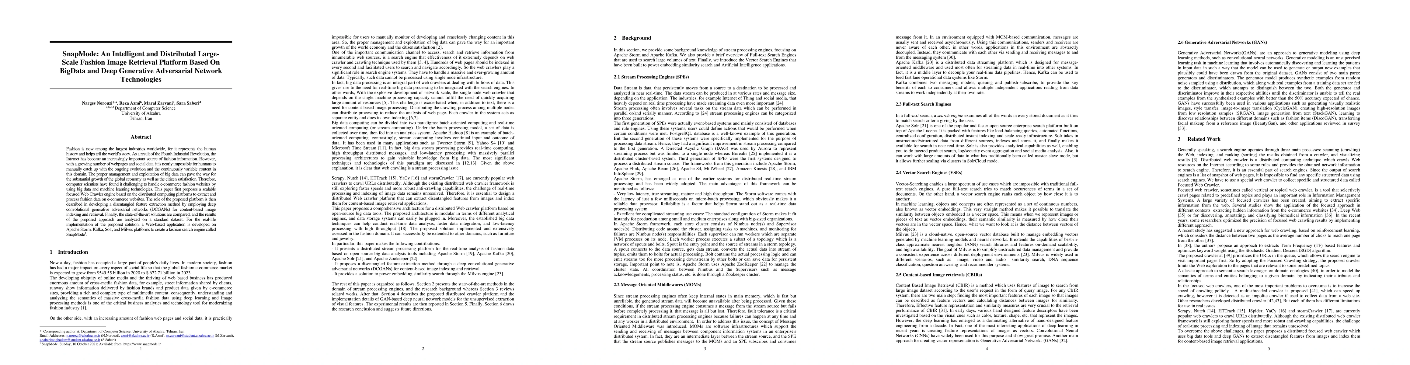 Thumbnail for SnapMode: An Intelligent and Distributed Large-Scale Fashion Image
  Retrieval Platform Based On Big Data and Deep Generative Adversarial Network
  Technologies