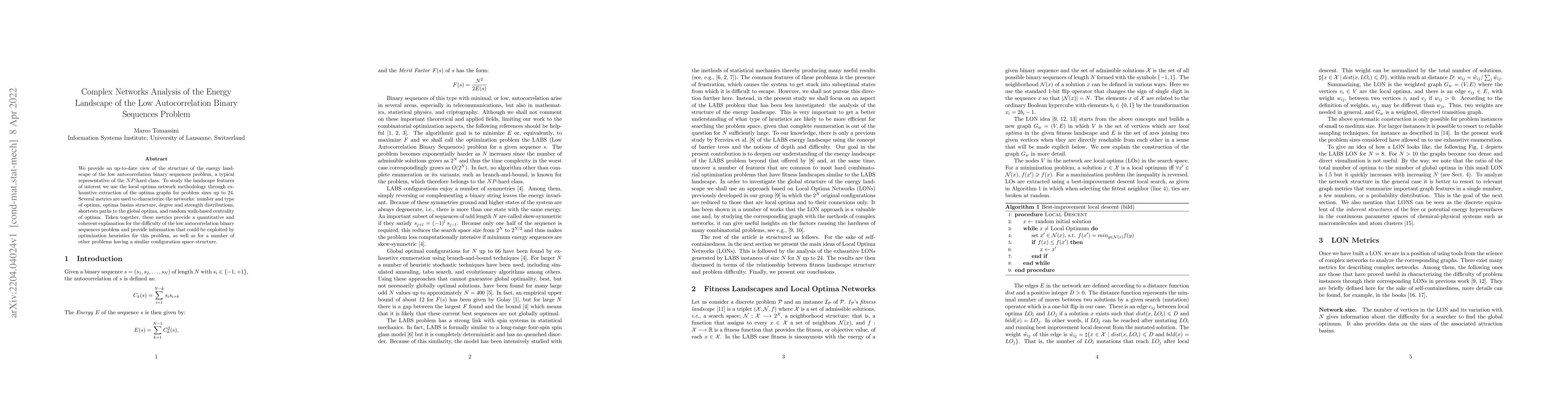Thumbnail for Complex Networks Analysis of the Energy Landscape of the Low
  Autocorrelation Binary Sequences Problem
