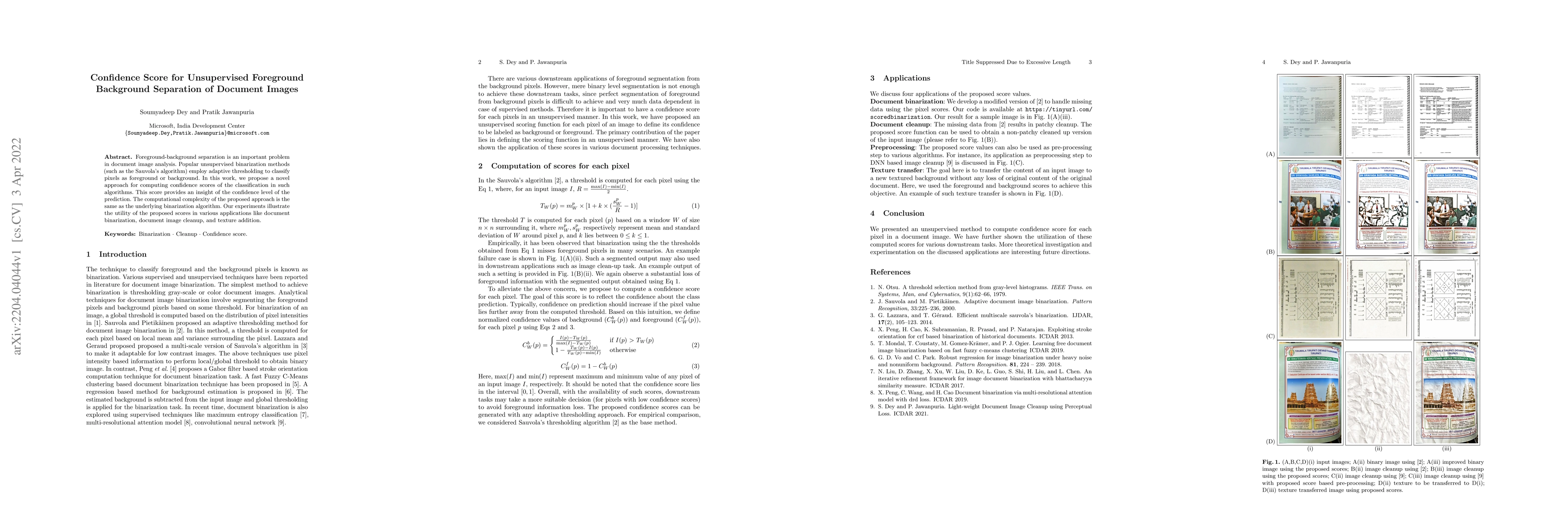 Thumbnail for Confidence Score for Unsupervised Foreground Background Separation of
  Document Images