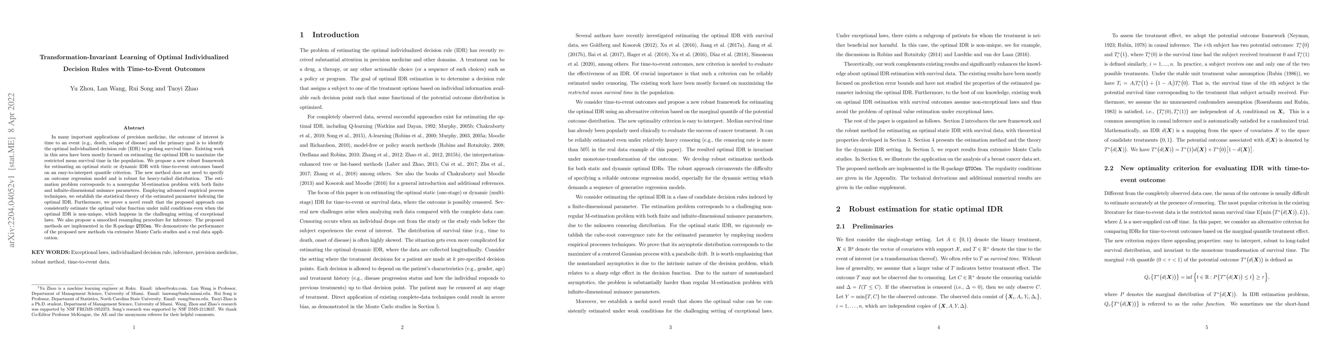 Thumbnail for Transformation-Invariant Learning of Optimal Individualized Decision
  Rules with Time-to-Event Outcomes