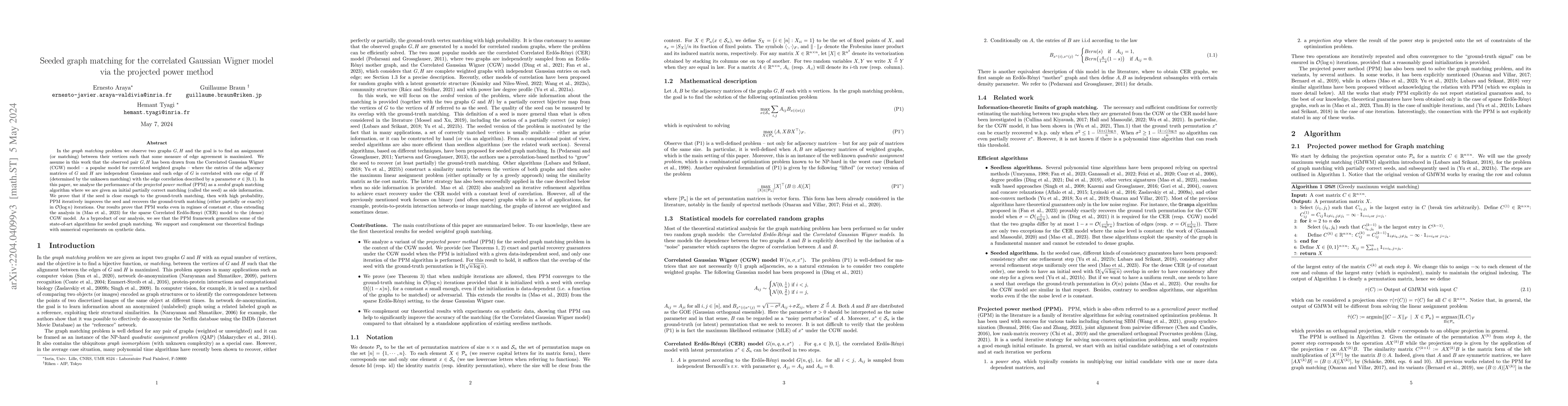 Thumbnail for Seeded graph matching for the correlated Gaussian Wigner model via the
  projected power method