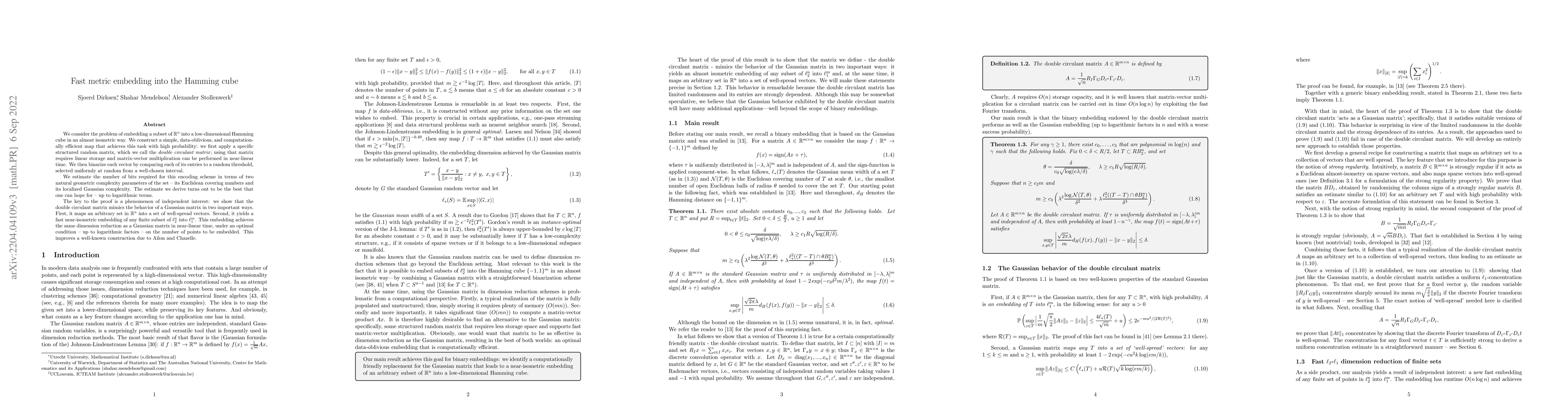 Thumbnail for Fast metric embedding into the Hamming cube