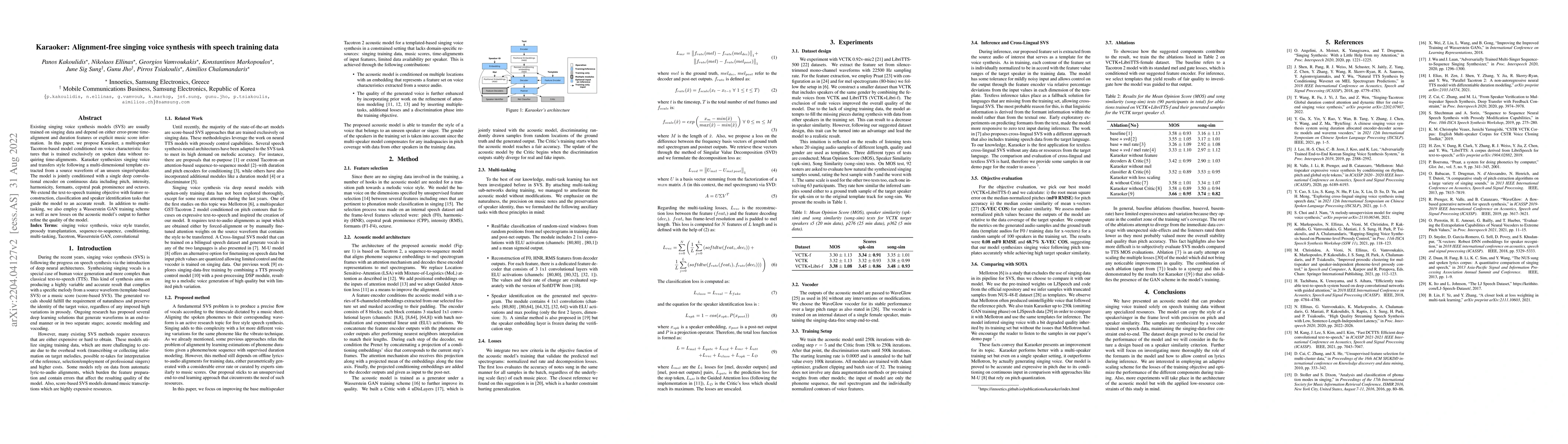 Thumbnail for Karaoker: Alignment-free singing voice synthesis with speech training
  data