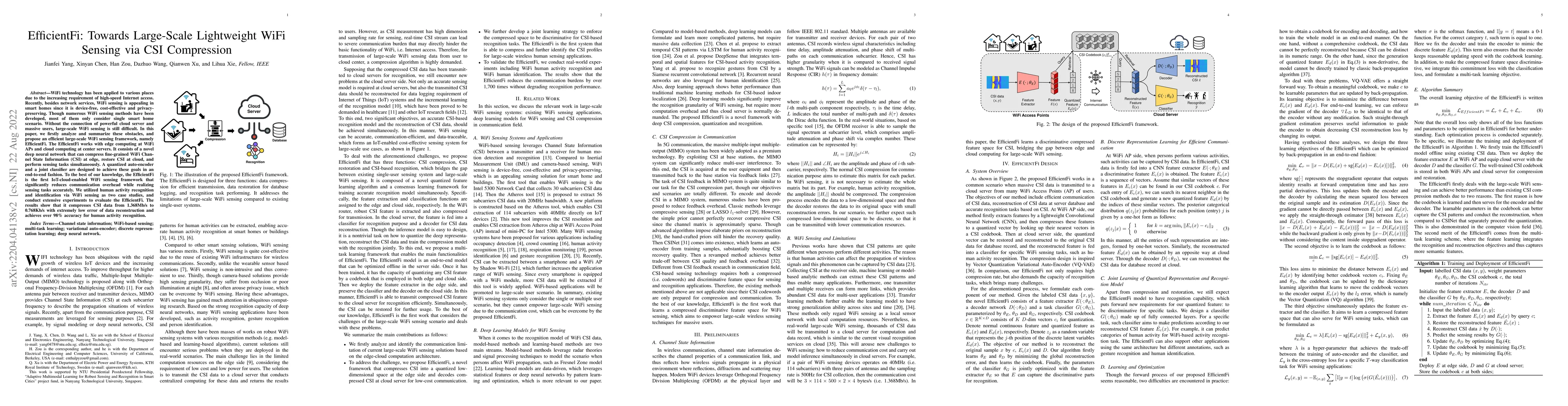 Thumbnail for EfficientFi: Towards Large-Scale Lightweight WiFi Sensing via CSI
  Compression