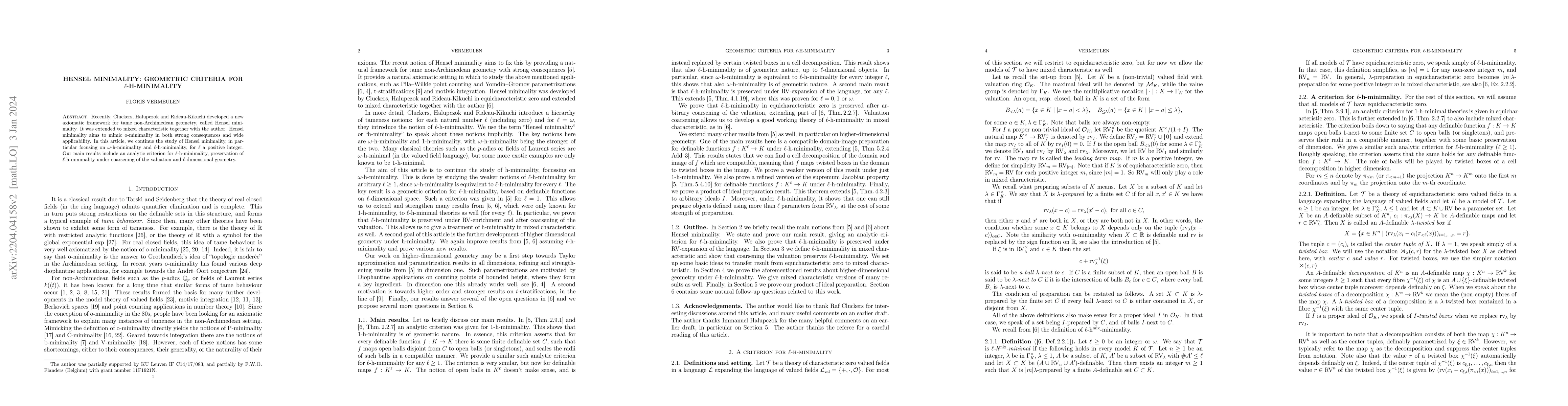 Thumbnail for Hensel minimality: Geometric criteria for $\ell$-h-minimality
