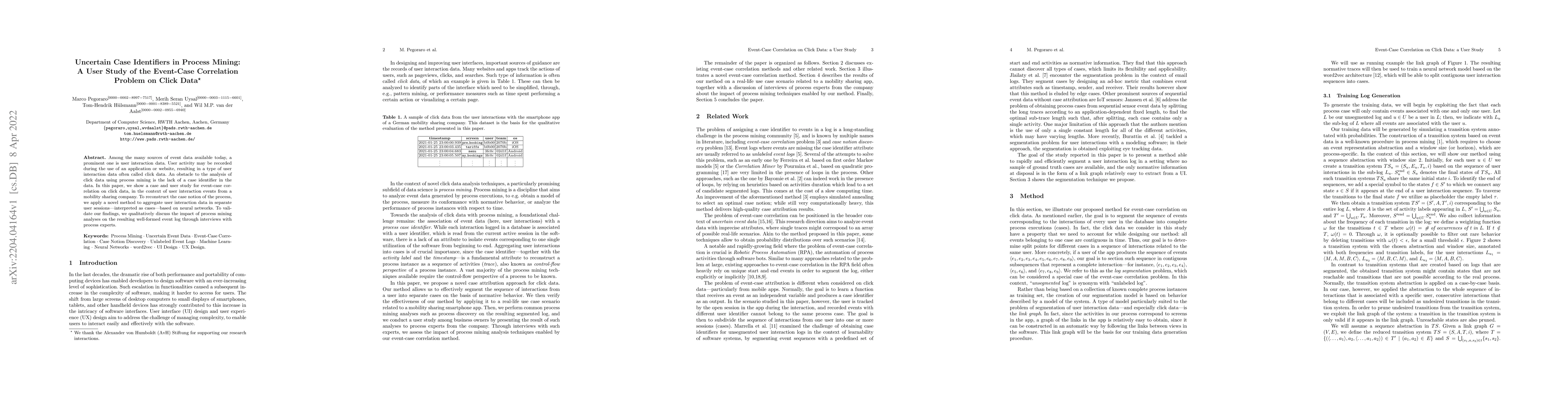 Thumbnail for Uncertain Case Identifiers in Process Mining: A User Study of the
  Event-Case Correlation Problem on Click Data