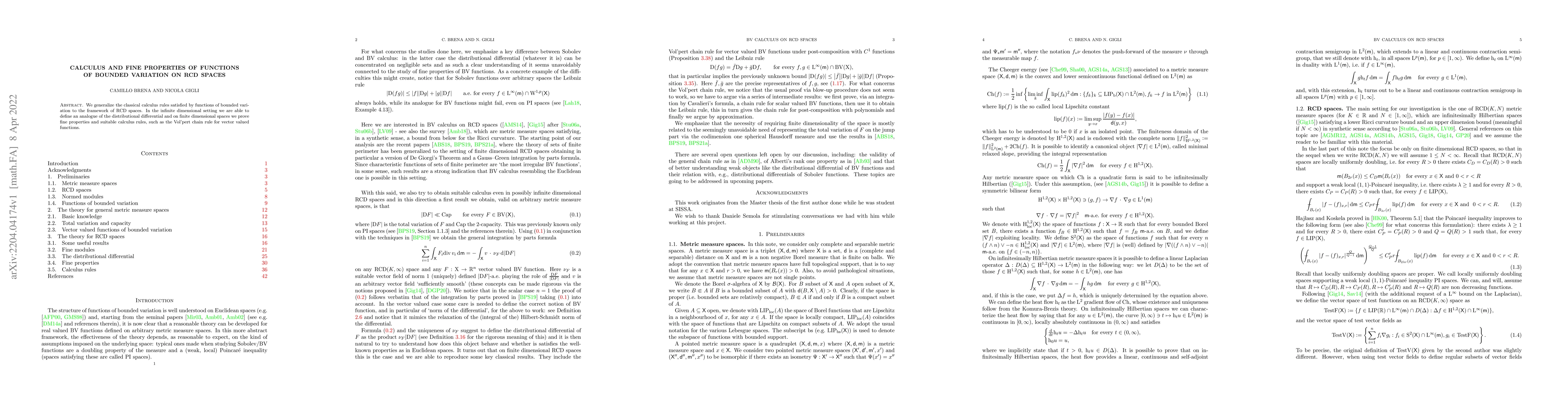 Thumbnail for Calculus and fine properties of functions of bounded variation on RCD
  spaces