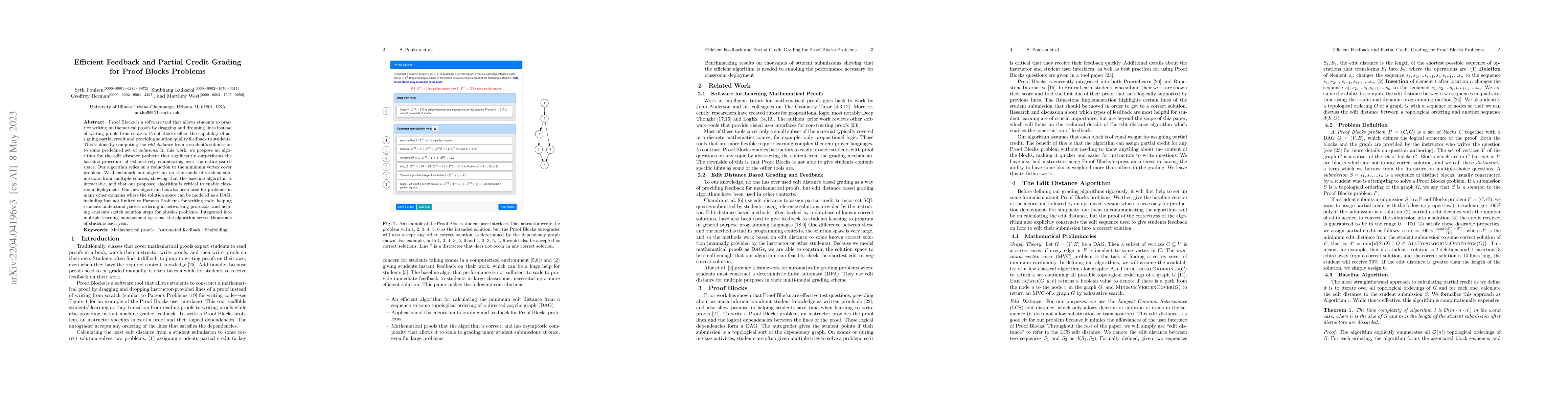 Thumbnail for Efficient Feedback and Partial Credit Grading for Proof Blocks Problems