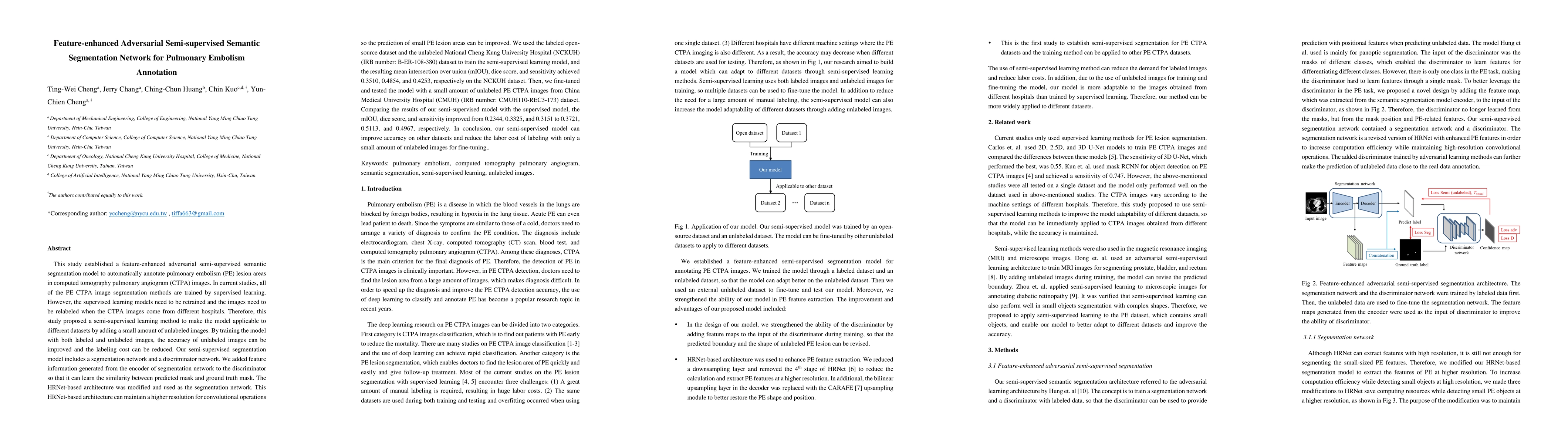 Thumbnail for Feature-enhanced Adversarial Semi-supervised Semantic Segmentation
  Network for Pulmonary Embolism Annotation