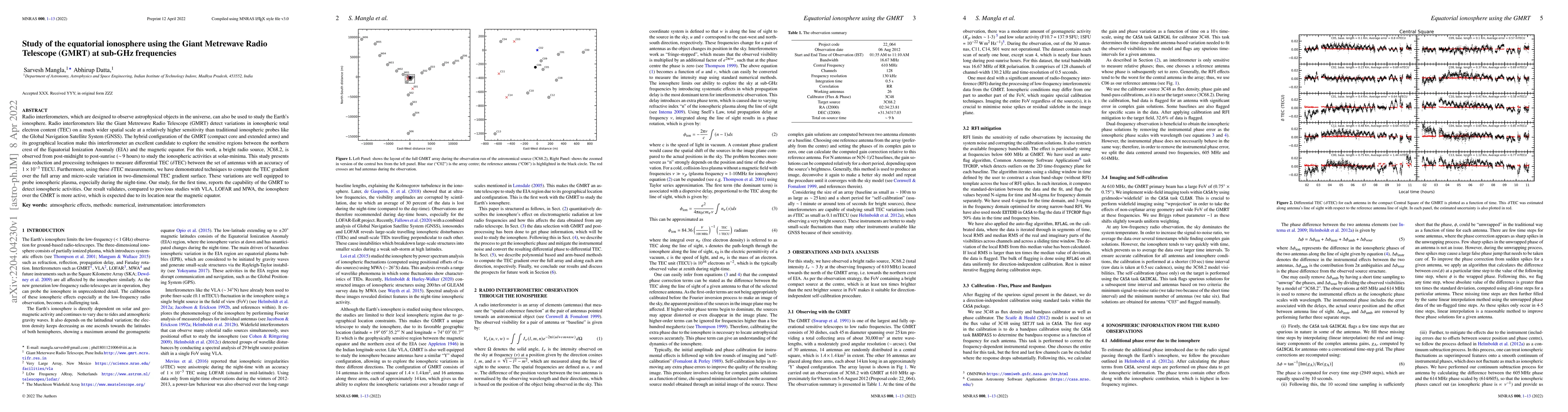 Thumbnail for Study of the equatorial ionosphere using the Giant Metrewave Radio
  Telescope (GMRT) at sub-GHz frequencies