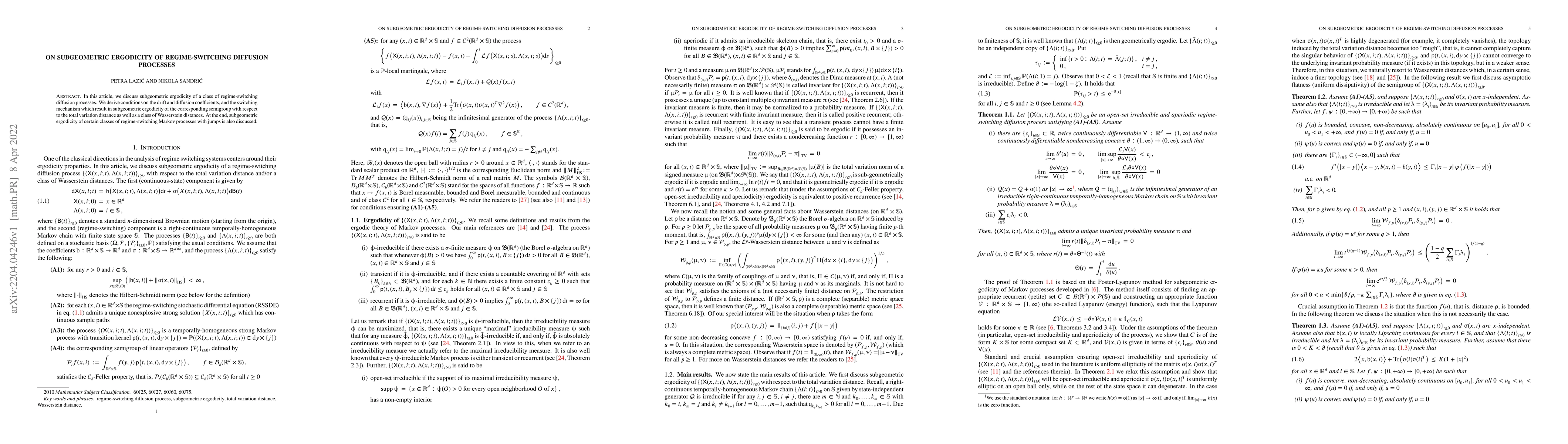 Thumbnail for On subgeometric ergodicity of regime-switching diffusion processes
