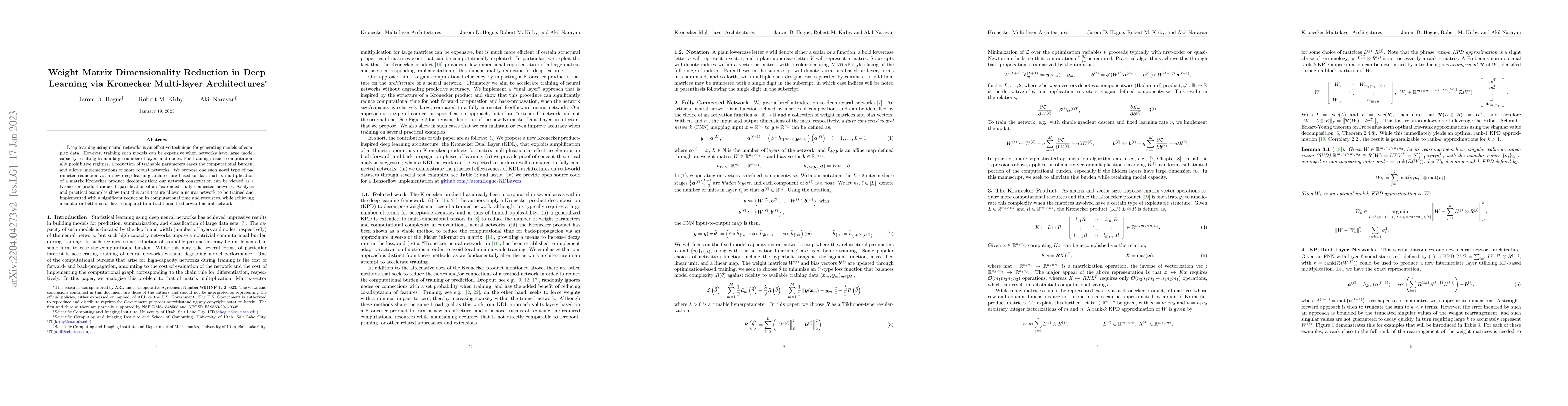 Thumbnail for Weight Matrix Dimensionality Reduction in Deep Learning via Kronecker
  Multi-layer Architectures