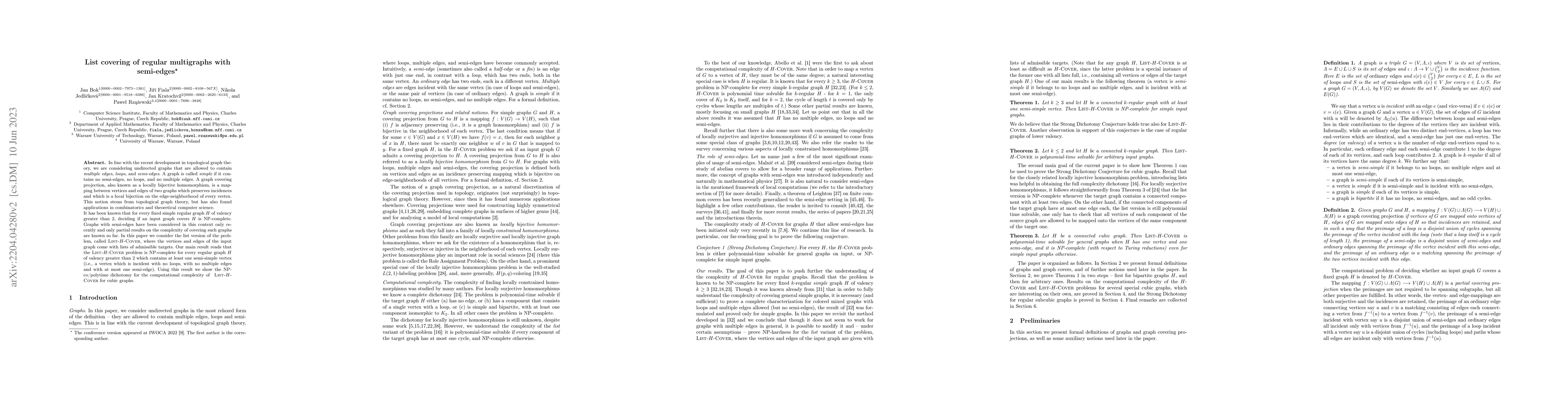 Thumbnail for List covering of regular multigraphs with semi-edges