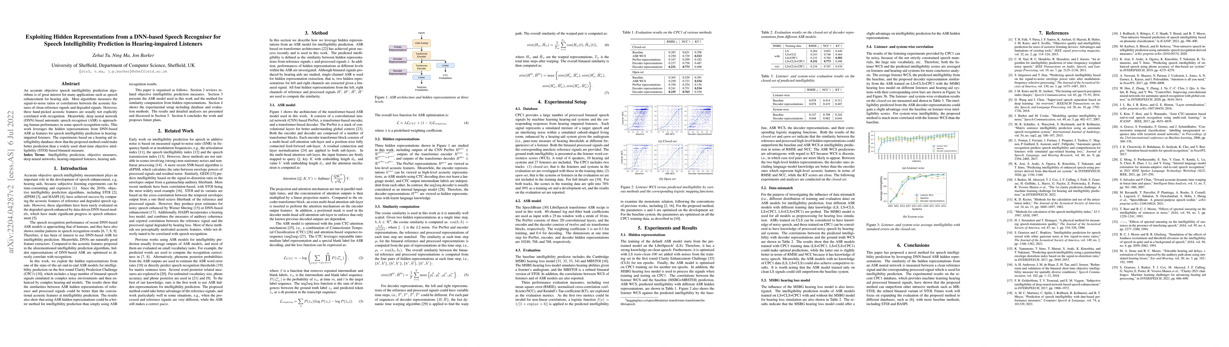 Thumbnail for Exploiting Hidden Representations from a DNN-based Speech Recogniser for
  Speech Intelligibility Prediction in Hearing-impaired Listeners