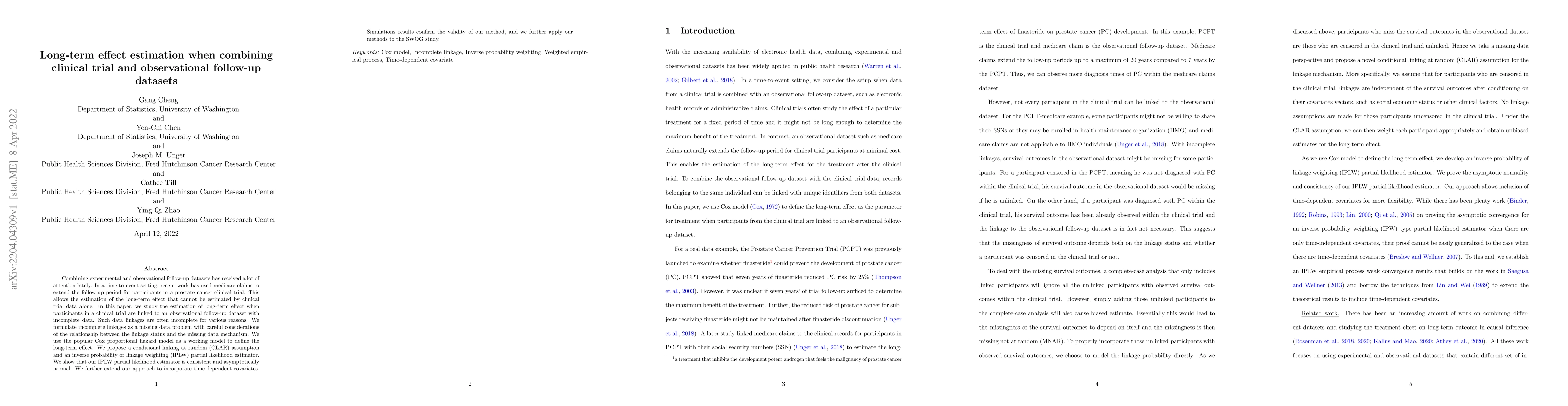 Thumbnail for Long-term effect estimation when combining clinical trial and
  observational follow-up datasets