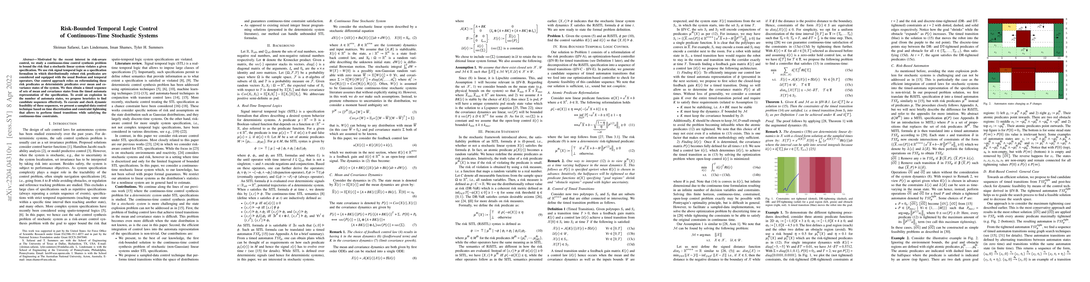 Thumbnail for Risk-Bounded Temporal Logic Control of Continuous-Time Stochastic
  Systems