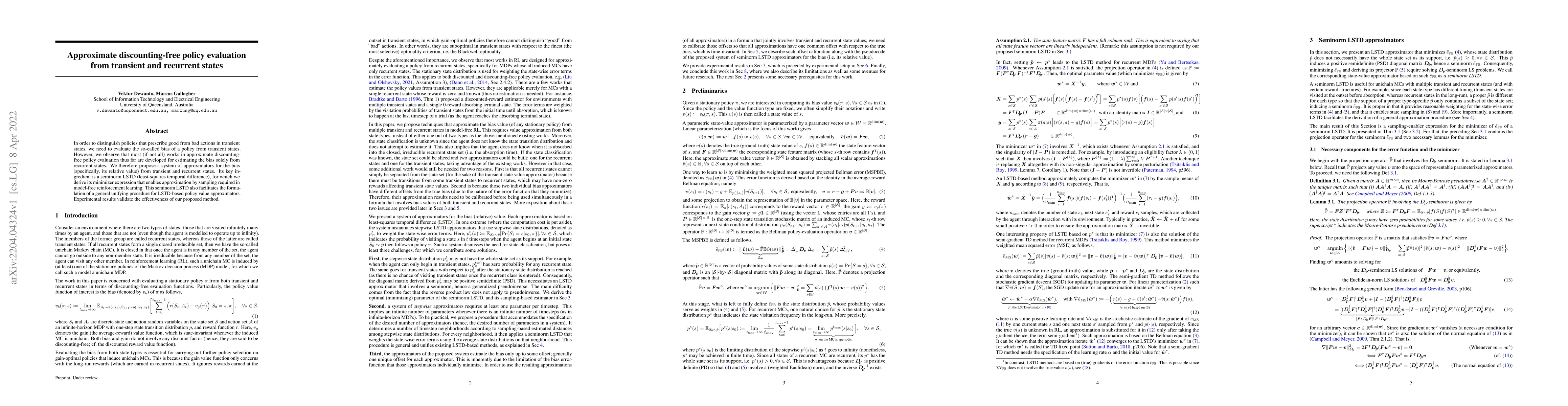 Thumbnail for Approximate discounting-free policy evaluation from transient and
  recurrent states