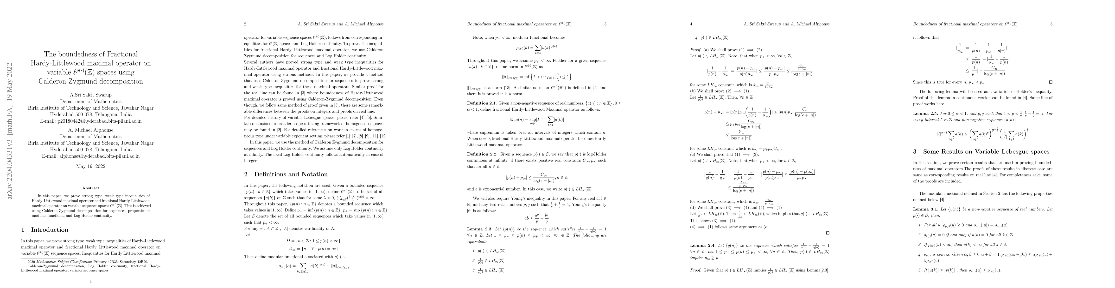 Thumbnail for The boundedness of Fractional Hardy-Littlewood maximal operator on
  variable lp(Z) spaces using Calderon-Zygmund decomposition