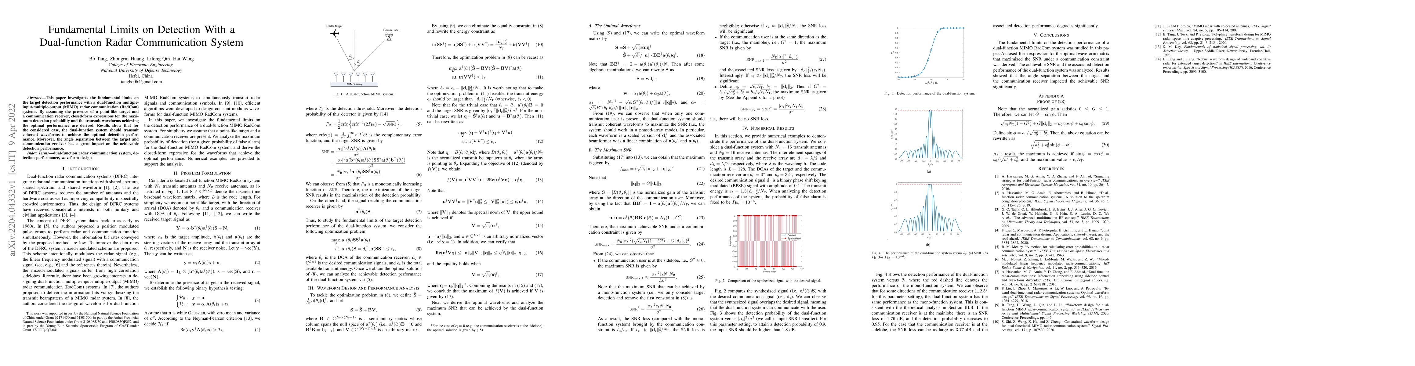Thumbnail for Fundamental Limits on Detection With a Dual-function Radar Communication
  System