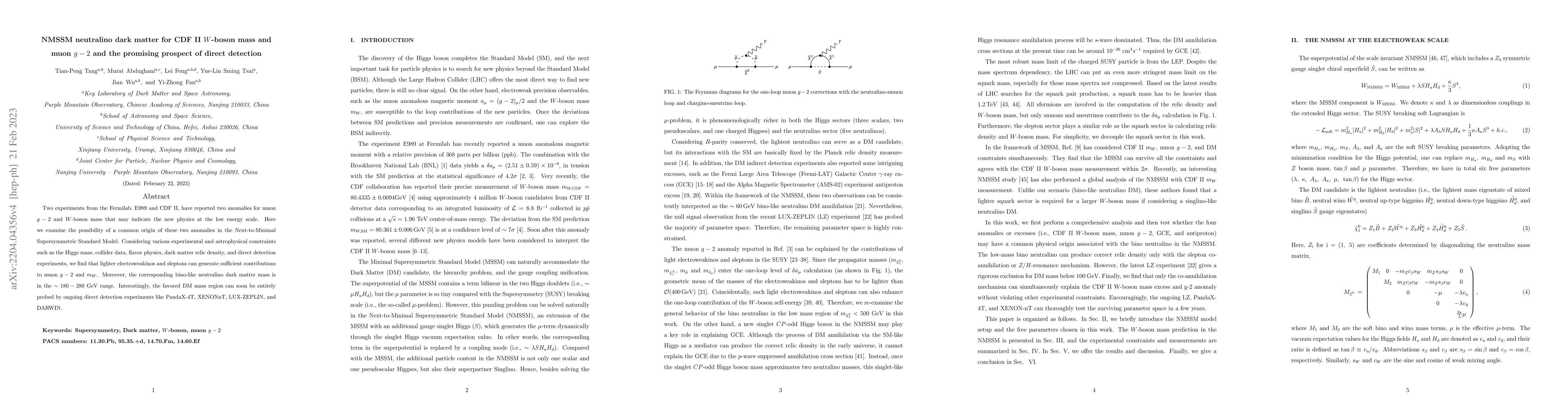 Thumbnail for NMSSM neutralino dark matter for CDF II $W$-boson mass and muon $g-2$
  and the promising prospect of direct detection