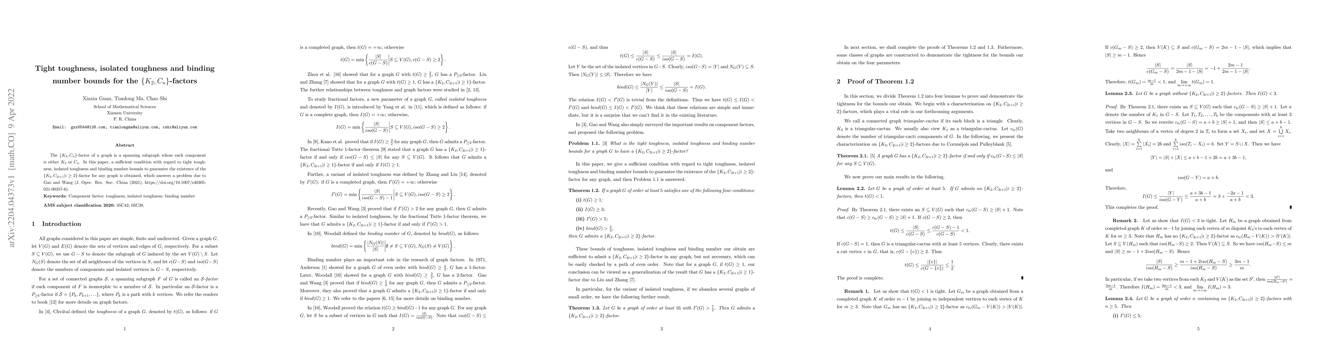 Thumbnail for Tight toughness, isolated toughness and binding number bounds for the
  $\{K_2,C_n\}$-factors
